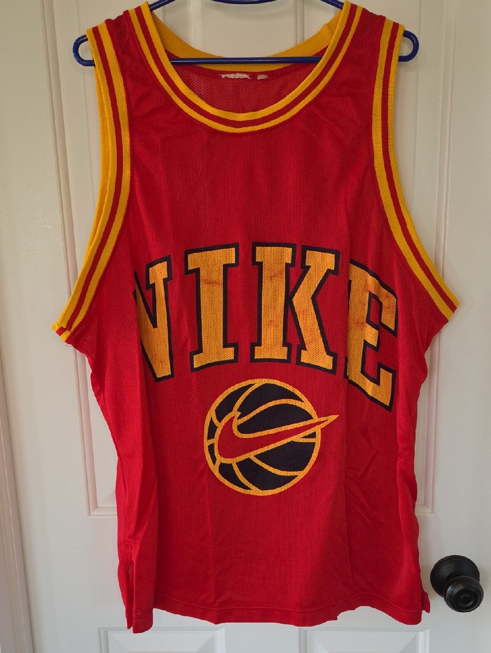 Nike Red and Yellow Mesh Basketball Jersey with Black Accents Vintage